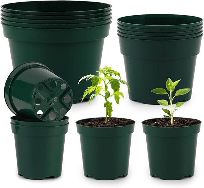 15 Pack 4/6/8 Inch Plant Nursery Pots, Sturdy Plant Pots with Drainage Holes, Ideal for Seedlings, Indoor/Outdoor Use, Green