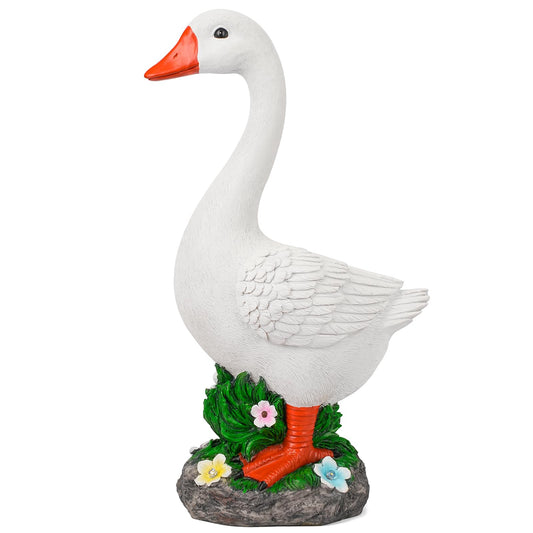 Large Porch Goose Statue with Solar Garden Light,20 Inch Realistic Hand-Painted Goose Sculpture, All-Weather Resin Outdoor Decor for Garden, Yard, Patio, Fits Standard Goose Porch Duck Outfits,White