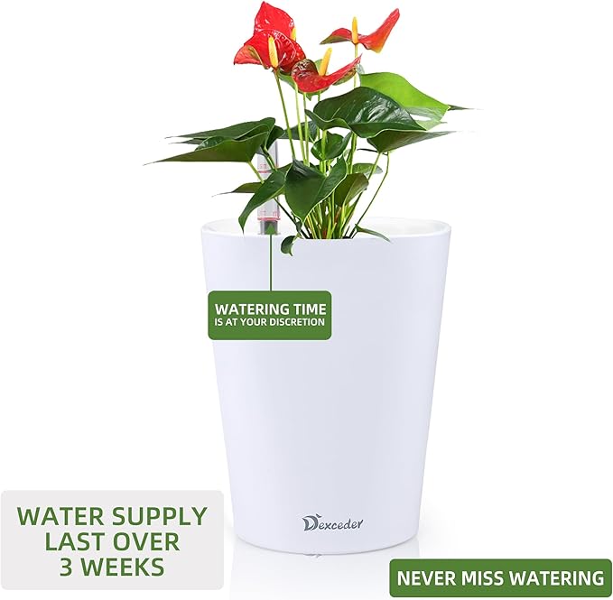 Dexceder 6x7 Self Watering Planter Indoor Outdoor, High Gloss Table Flower Plant Pot with Water Level Indicator (White)