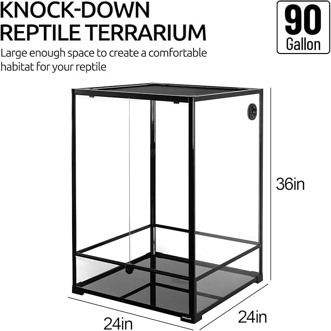 REPTIZOO 90 Gallon Reptile Terrarium 24" x 24" x 36" Large Glass Reptile Tank, Tall Terrarium with Front Opening Door and Top Screen Ventilation Easy Assembly Habitat Tank