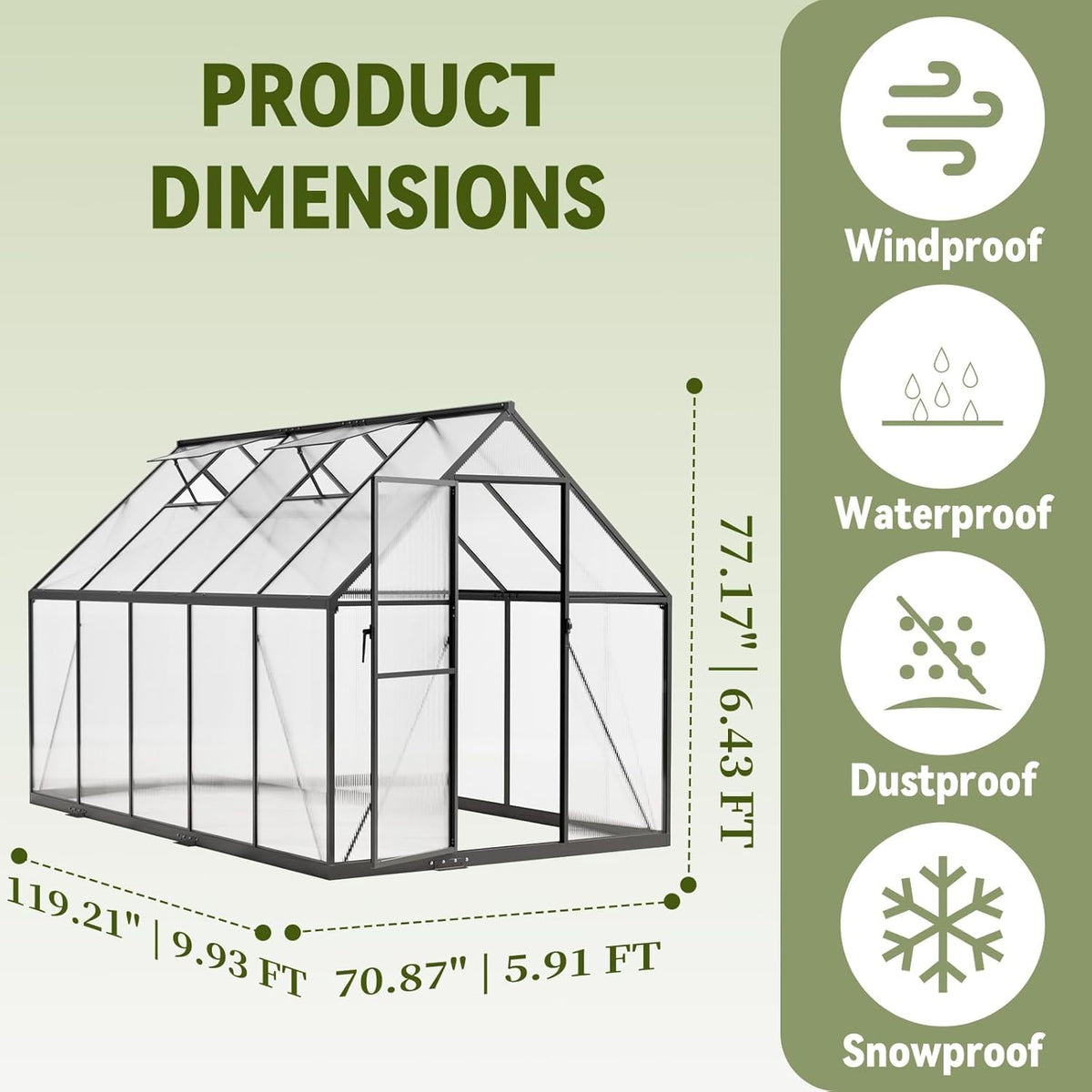 6X10 FT Greenhouse for Outdoors with Hygrometer, Polycarbonate Walk-in Green House for Outside, Reinforced Aluminum Frame Greenhouses, Heavy Duty Garden, Patio, Backyard Flower Planting