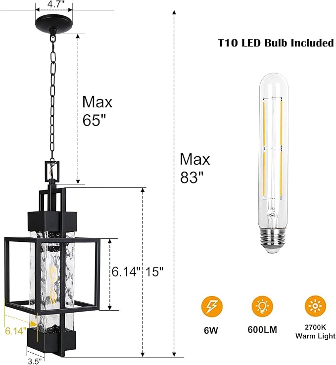 15" Outdoor Indoor Pendant Light Exterior Hanging Lantern, Modern Black Metal Outside Chandelier Light Fixture Ceiling Mount with Water Glass for Front Porch Entrance Foyer Entryway (Bulb Included)