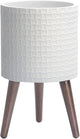 D'vine Dev 10 Inch Modern Geometric Tile Patterned Sleek Planter Pot with Stand, Indoor Outdoor Decorative Plant Holder, Matte White, 88-Z-B-1
