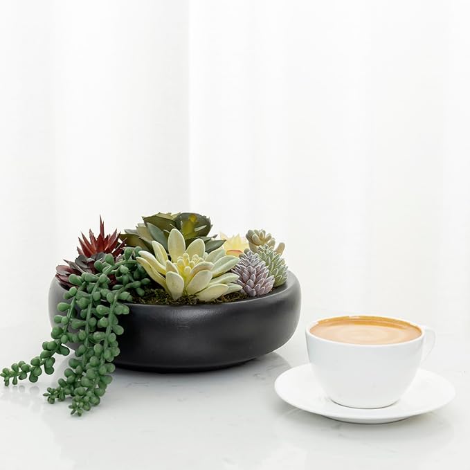 MyGift 8-Inch Artificial Succulent Plant Arrangement, Assorted Fake Plants in Modern Black Round Concrete Planter Bowl