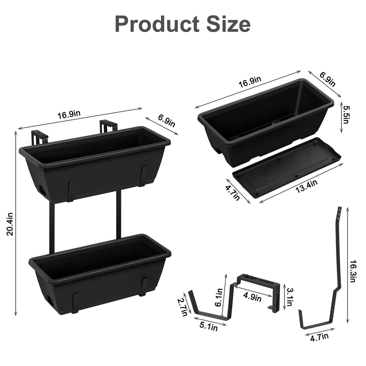 2 Tier Railing Planter Box Set of 2, 4 Pack Black Window Boxes Planters