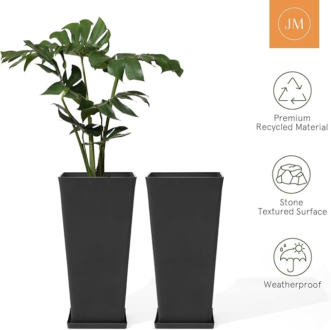 LA JOLIE MUSE 30 inch Tall Black Planters Set of 2, Indoor/Outdoor Rectangular Large V Shaped Taper Planters for Front Door
