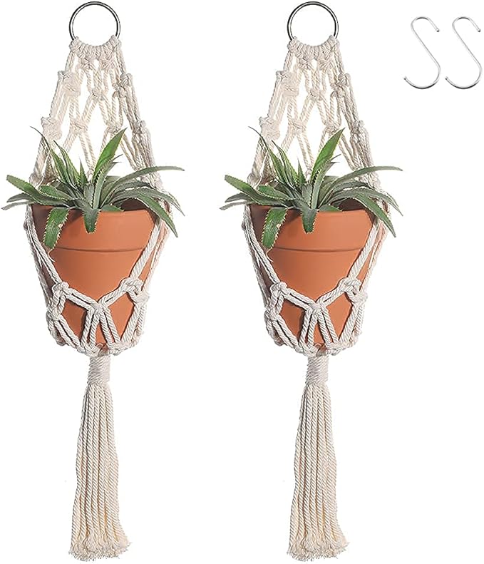 Artilady Boho Macrame Plant Hangers - Handmade Hemp Rope Hanging Baskets for Indoor Plants with Ceiling Hooks, Bohemian Home Decor Outdoor Wall Art (White Hanger)