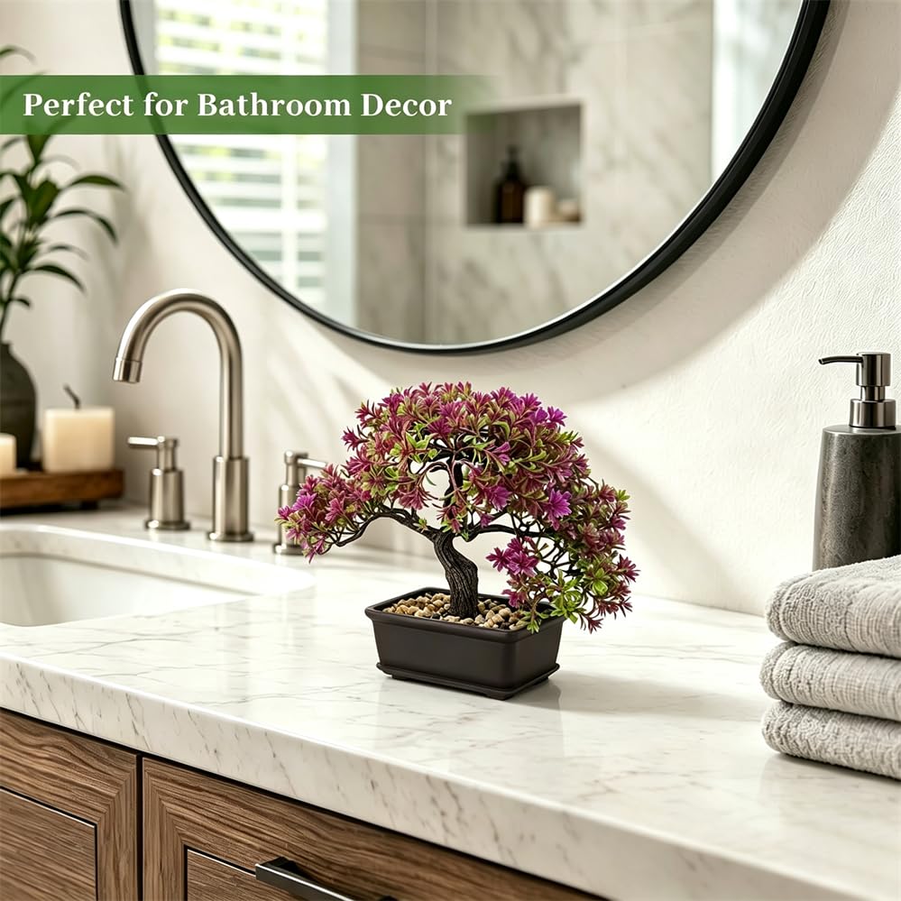 Meluvora 8.66" Artificial Bonsai Tree with Textured Trunk, Broad Canopy and Pebble Base for Bathroom Desk Shelf, Japanese and Zen Decor(Rose Red)
