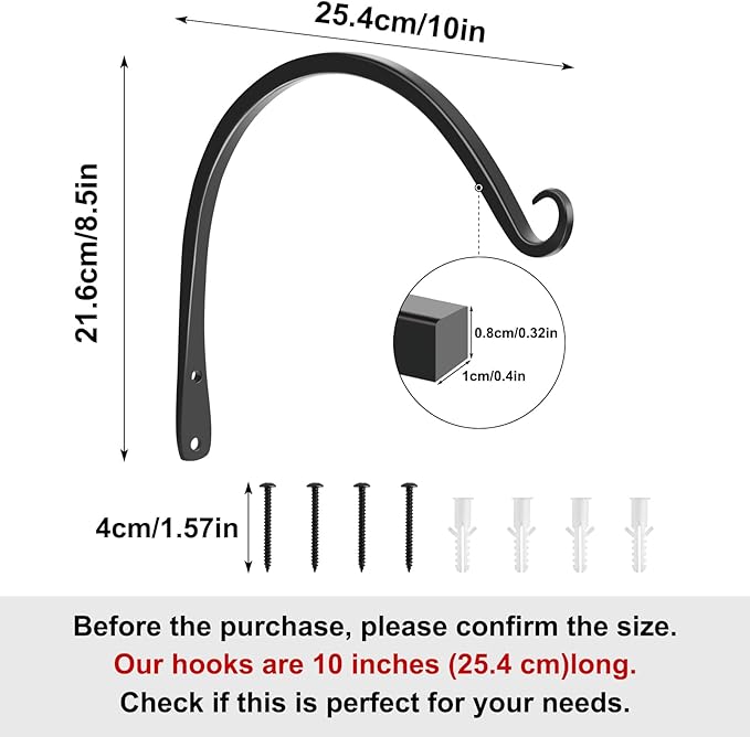 Gtongoko 2 Pack 10 Inch Plant Hangers Outdoor Metal, Plant Hooks for Wall Indoor, Outdoor Hooks for Hanging Bird Feeders, Plant Bracket, Lanterns, Wind Chinme, Black