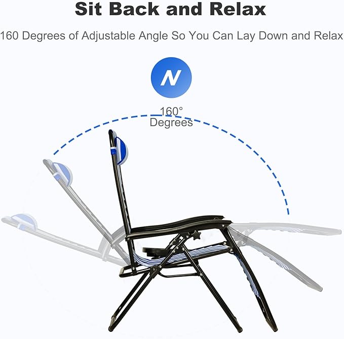 Nazhura Set of 2 Relaxing Recliners Patio Chairs Adjustable Steel Mesh Zero Gravity Lounge Chair Beach Chairs with Pillow and Cup Holder (Navy Blue Stripe)