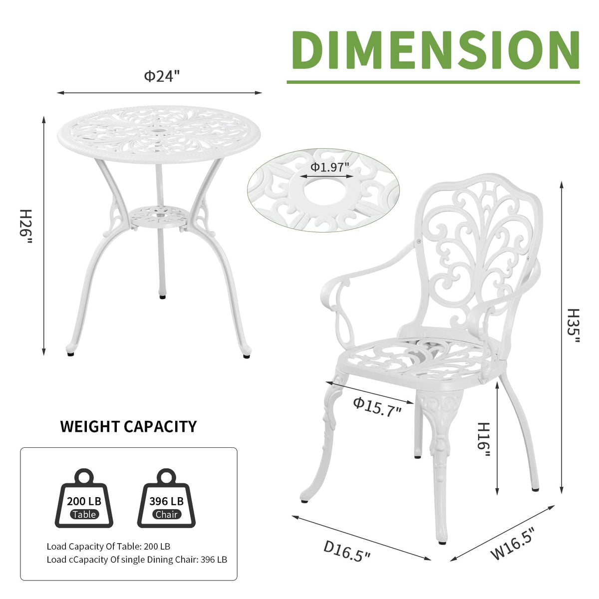 Withniture Patio Bistro Set 3 Piece Cast Aluminum Outdoor Bistro Set, Rust Resistance Bistro Table and Chairs of 2 with Umbrella Hole, Small Patio Set for Garden Outside, White