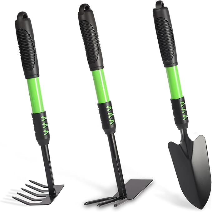 Garden Tool Set, 3 Pack Gardening Tools, Stainless Steel Heavy Duty Hand Cultivator, Hoes, Shovel, for Planting Weeding Digging, Green