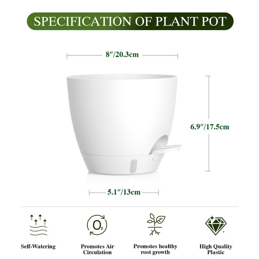 KUGAZ Self Watering Pots with Drainage Holes, 2 Pack 8 Inch Plant Pots with Water Level Indicator Deep Reservoir, Large Plastic Planter for Indoor Outdoor Plants - White