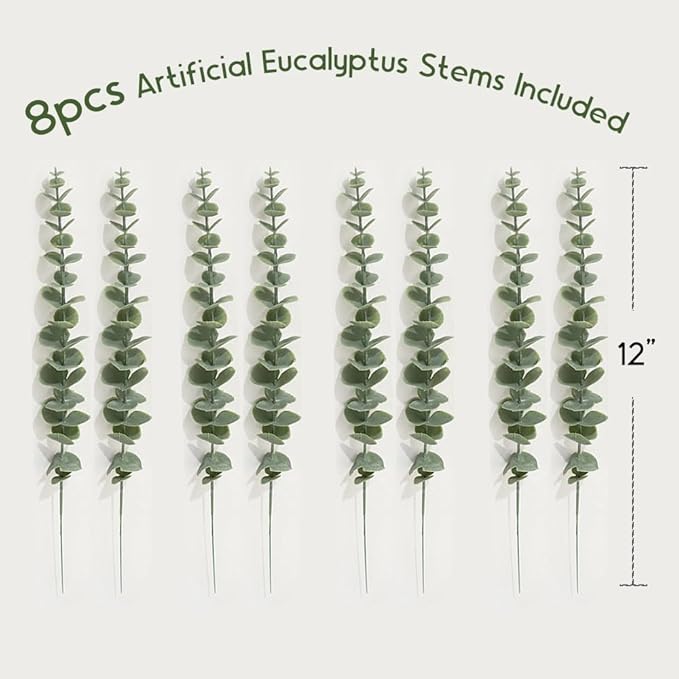 4-Pack Wood Wall Planters with 8 Removable Faux Eucalyptus Stems - Modern Farmhouse Wall Decor for Living Room, Bedroom, Bathroom - Wooden Wall Vases and Fake Eucalyptus for Home Office Decor