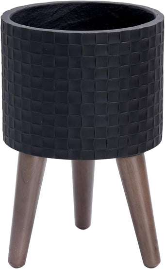 D'vine Dev 8 Inch Modern Geometric Tile Patterned Sleek Planter Pot with Stand, Indoor Outdoor Decorative Plant Holder, Matte Black, 88-Z-A-2