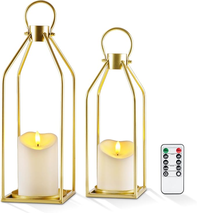 Homemory Modern Farmhouse Lantern Decor with Waterproof Flameless Candle & Remote Timer, 2PCS Gold Metal Candle Lantern Decorative for Outdoor Indoor Home Living Room Patio Porch Table (Gold)