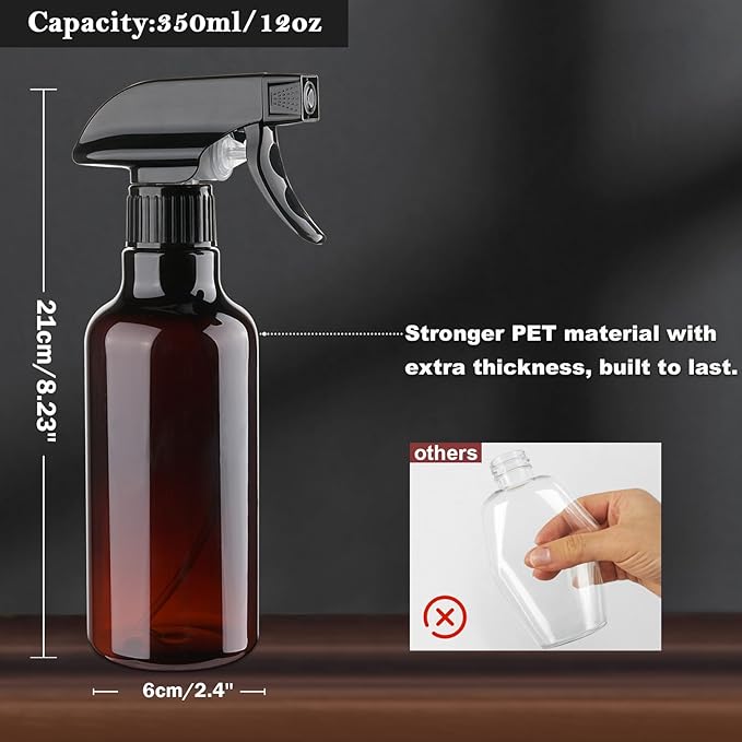 Plastic Spray Bottles 12oz 2 Pack Adjustable Mist/Stream Spraying Heavy Duty Square Water Spray Bottles for Hair, Cleaning Solutions, Plants,Essential Oils (Brown)