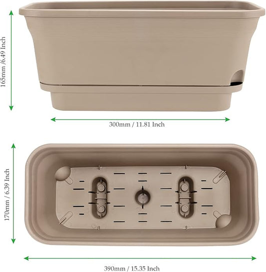 Set of 4 Flower Window Box Plastic Vegetable Planters with Drainage Hole Saucer, 15" Rectangle Self Watering Flowerpot, Garden Plant Decorative Pots for Windowsill, Indoor Succulents, Brown
