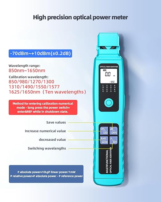 Buacoz Fiber Optic Identifier with Power Meter Red Light Source, 5-in-1 All-in-One Tool for Single - Multi-Mode, Rechargeable Fiber Direction Tester with Clamp, Measuring Range -70-10dBm