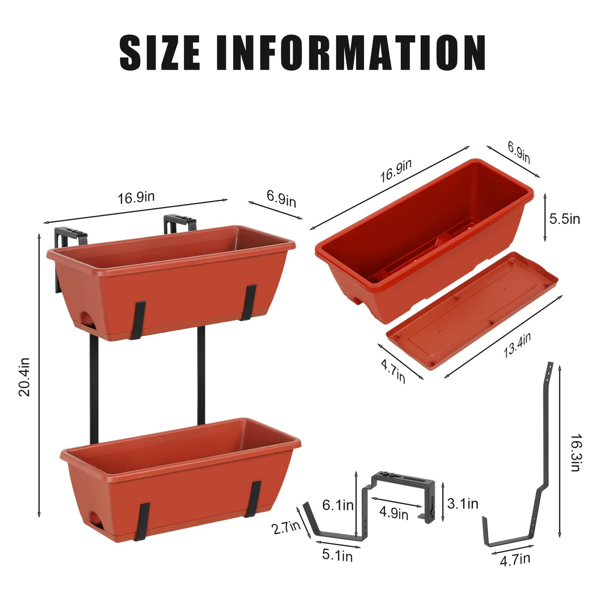 Railing Planter Box Set of 2, 4 Pack Brick Red Window Boxes Planters