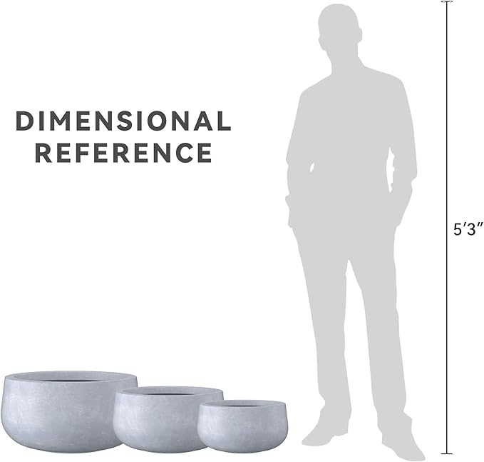 Kante 19.6",15.7",11.8" Dia Round Concrete Planters Set of 3, Cement Plant Pots with Drainage Hole and Rubber Plug for Outdoor Indoor Garden Home, Modern Curvaceous Design, Gray