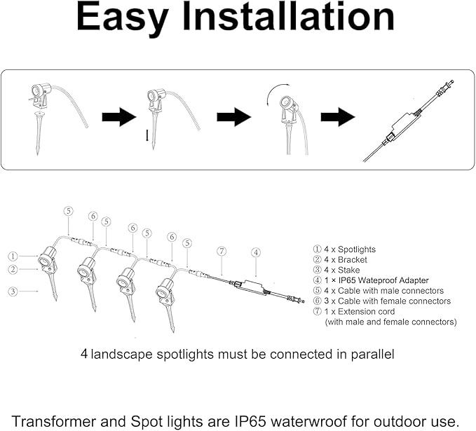 SUNTHIN Outdoor Landscape Lighting, 4 Pack Outdoor Spot Lights with Transformer for Yard, Plant, Lawn, Tree, Flags, House, Garden, Fence Use, IP65 Waterproof & Connectable