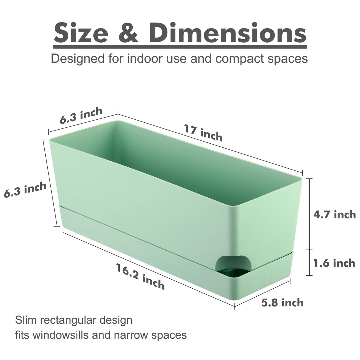Party Zealot Window Boxes Planters, 5 Pack Self Watering Pots for Indoor Plants 17 Inch Rectangular Planter Rectangle Flower Pots Long Plant Pot Large Window Sill Herb Planter Box, Green