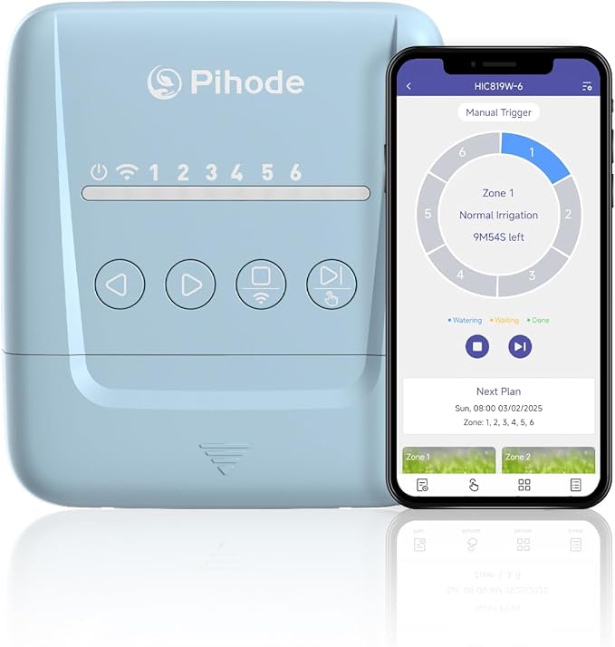 6 Zone Smart Sprinkler Controller with Local Weather Intelligence and Atmosphere Lights, Automated Watering and App Control WiFi Irrigation System, Save Water Through Rain Skip