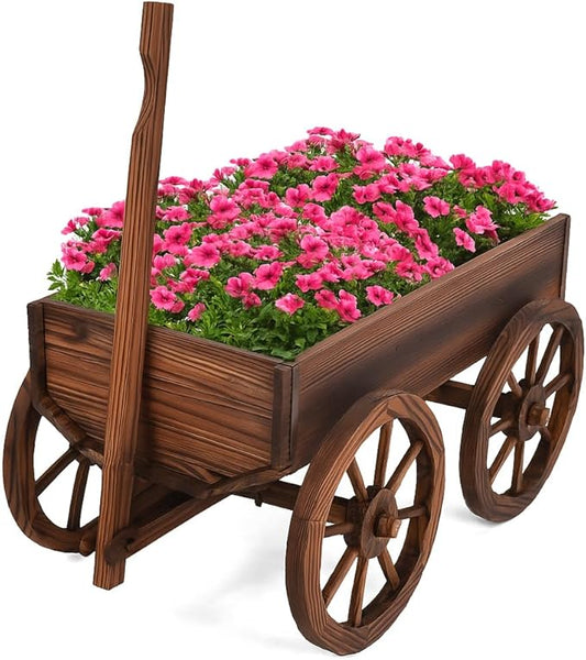 Tangkula Wooden Wagon Planter Box, Decorative Garden Planter w/Wheels, Handle, Drain Hole, Rustic Wooden Flower Cart for Indoor & Outdoor Decor for Patio, Garden, Balcony (29.5" L x 17" W x 21" H)