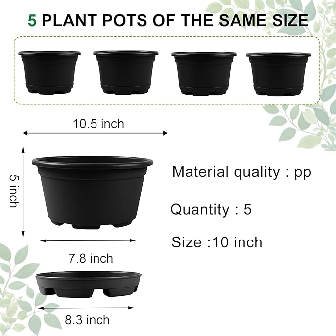 KPUVX 5 Pack 10.5 inch Plant Pots,Planter-Pots-for-Plants，Plastic Flower Pot for Indoor Outdoor Plants with Drainage Holes & Trays, Decorative Garden Containers Sets for Houseplants