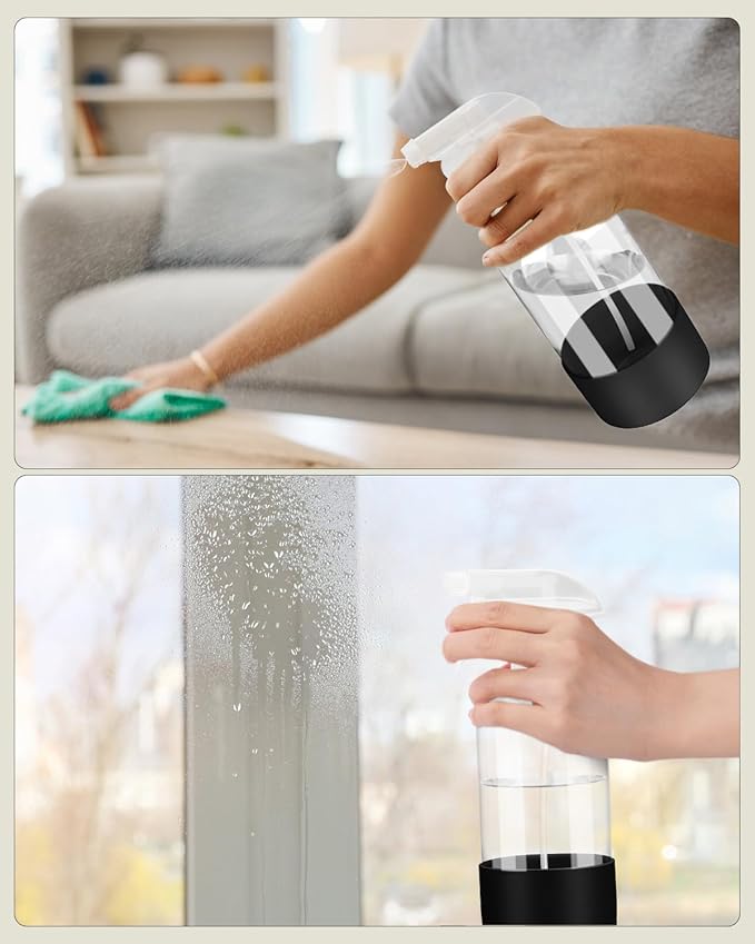 2 Pack Glass Spray Bottles 8 oz, Empty Refillable Containers with Silicone Sleeve Protection, Glass Spray Bottles for Cleaning Solutions, Hair and Plants with Adjustable Nozzles Black
