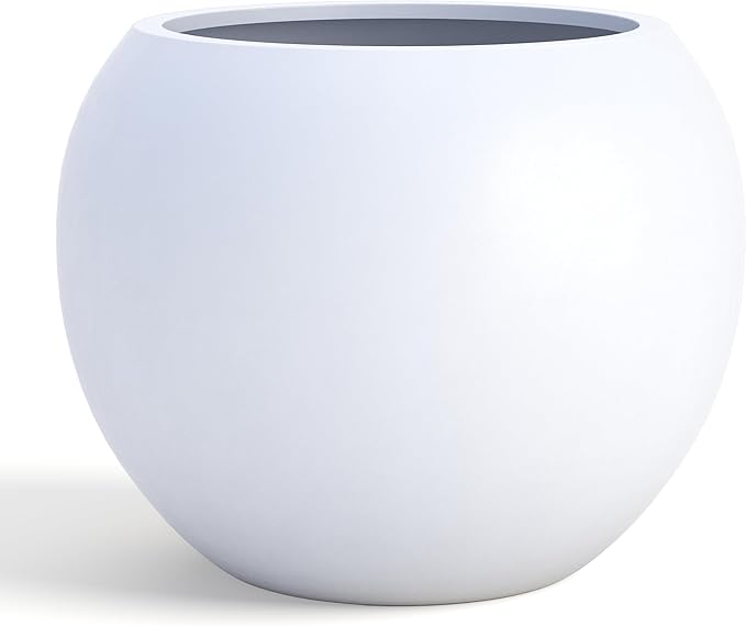 DTY Signature Mount Sherman 12.6''D x 9.8''H Modern Indoor Outdoor Fiberstone Sphere Planter, Durable Round Garden Pot, Weather Resistant, Drainage Hole & Rubber Plug - Small, White