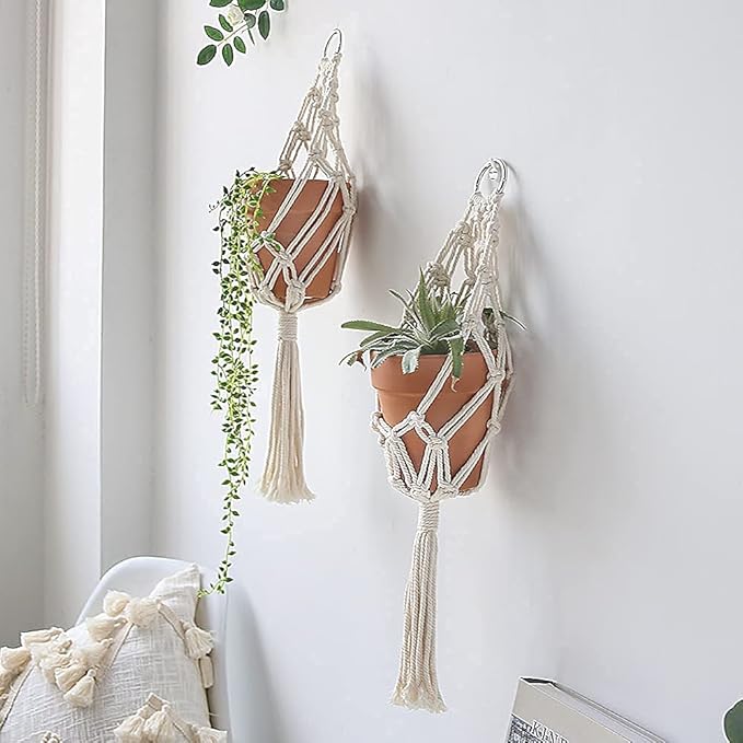 Artilady Boho Macrame Plant Hangers - Handmade Hemp Rope Hanging Baskets for Indoor Plants with Ceiling Hooks, Bohemian Home Decor Outdoor Wall Art (White Hanger)