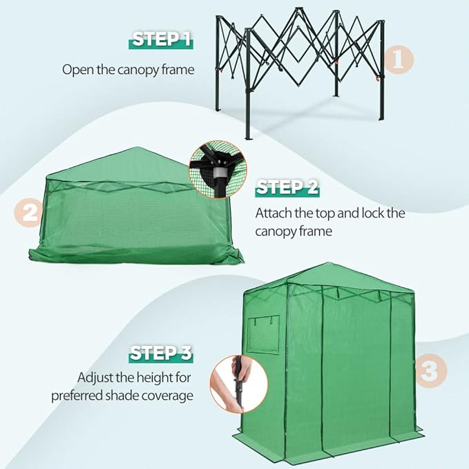 EAGLE PEAK Instant Pop-up Greenhouse, Indoor Outdoor Plant Gardening Green House, Roll-Up Zipper Doors and Side Windows, Walk in 6x4 ft, PE Cover, Green/Clear