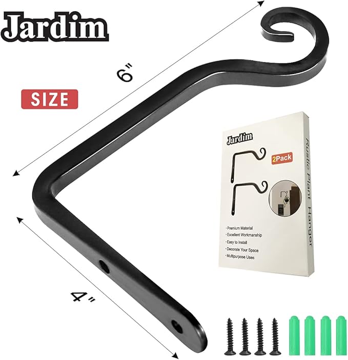 Jardim 2 Pack 6 Inch Premium Decorative Metal Iron Wall Hook, Indoor Outdoor Plant Hanger, Rustic Hanging Gardening Bracket Hook, for Planters, Bird Feeders, Lanterns, Wind Chimes (Black)
