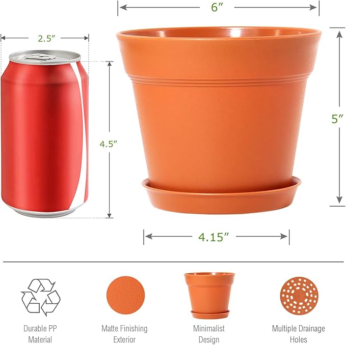 WOUSIWER 16 Pack 6 inch Plastic Planters, Plastic Indoor Planter Flower Pots, Heavy Duty and Stylish 6 Inch Plant Pots for Indoor Plants with Drainage Holes and Tray for Plants, Flowers, Terracotta