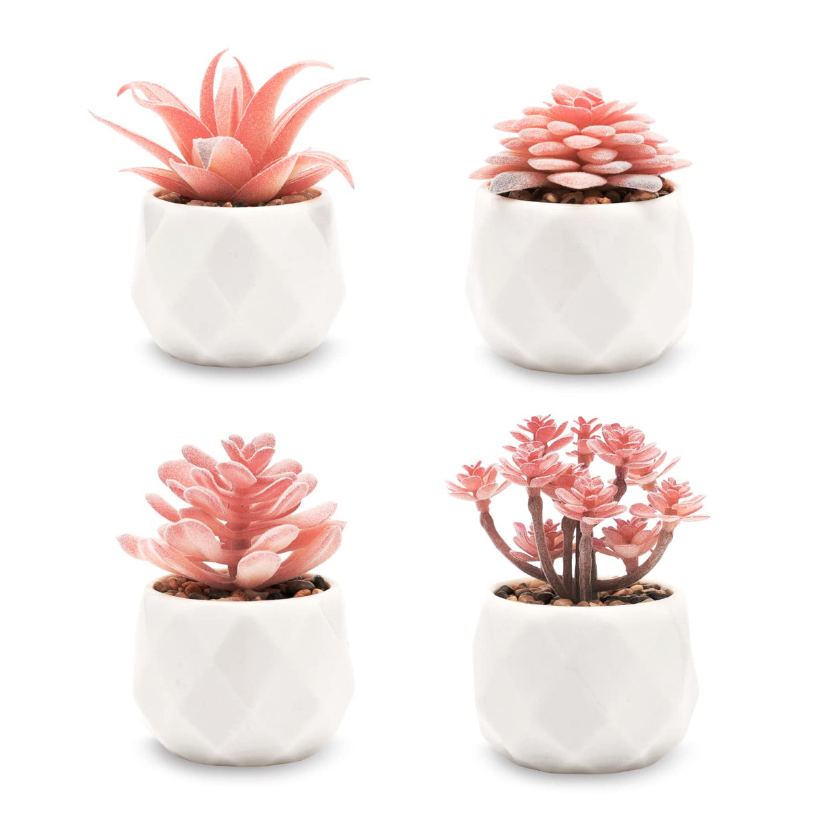 VIVERIE Mini Faux Succulents Plants Artificial in Pots-Rose Pink Desk Accessories, Small Fake Succulents Plants for Home Decor Indoor for Women, White Ceramic, Set of 4