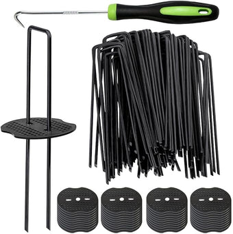 Bakulyor 200pcs Black Landscape Staples + 200pcs Buffer Washer, 6 Inch 11 Gauge Garden Stakes Staples, U Shaped Galvanized Lawn Pins Heavy Duty Yard Ground Pin for Weed Barrier Sod Fabric Decorations