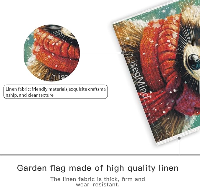 Raccoon with Red Scarf and Hat Snowflake Christmas Garden Flag, 28x40 Inch Double Sided Linen Holiday Red Winter Farmhouse Yard Outdoor Decoration (4326)