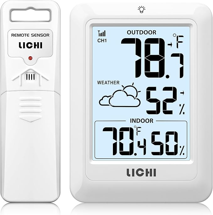 Indoor Outdoor Thermometer Wireless Weather Station, Internal External Thermometer Hygrometer, Home Batteryoperated Temperature Humiditymonitors330 Feet (About 100 Meters) Backlight Display (White)