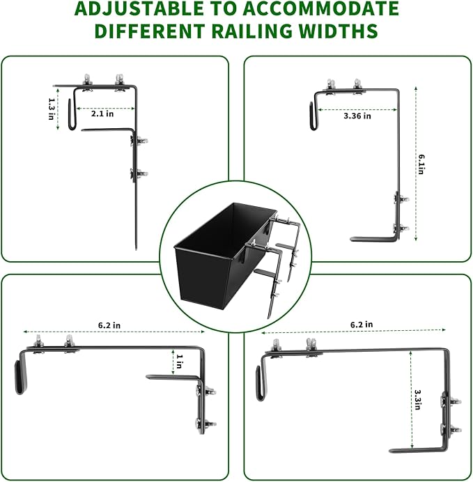 Railing Planter for Outdoor Plants 16 Inch Metal Rectangular Window Boxes with Adjustable Brackets and Drainage Hanging Flower Pots for Balcony Deck Railings Apartment Patio Decor Black(4PCS)