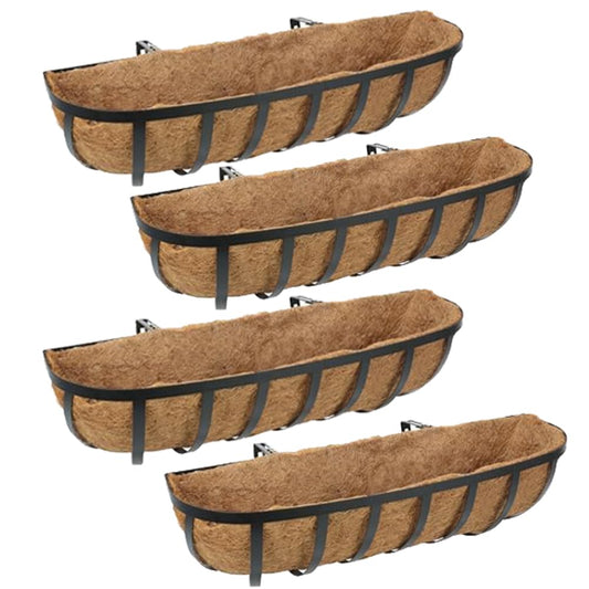 HUNIKC 30 Inch 4 Packs Window Boxes Planters Railing Planter Box with Adjustable Brackets for Porch Fence Patio Balcony Hanging Flower Baskets with Coco Liners for Outdoor Garden Décor (30 In/4 Packs)