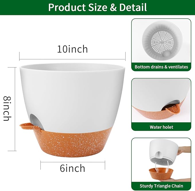 GARDIFE 10 inch Plant Pots,Self Watering Pots, 2 Pack Flower pots, Large Plastic Planters with Deep Reservior and High Drainage Holes for Indoor Outdoor Plants and Flowers, White