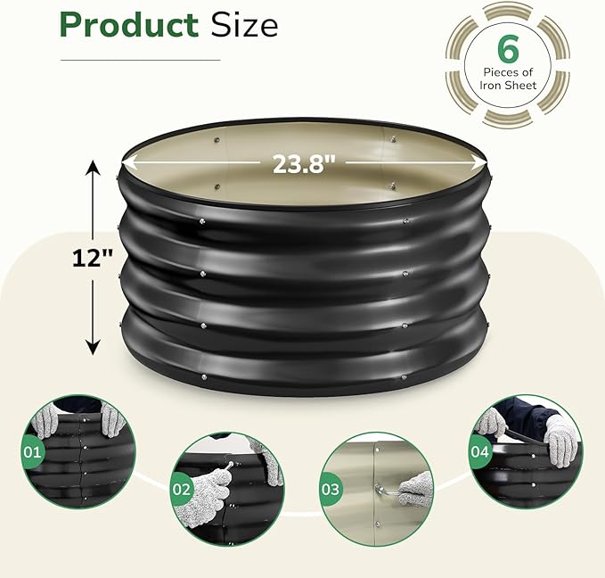 GreatBuddy 2x2x1 ft Round Galvanized Raised Bed, Easy-Assembly Raised Garden Bed with Anti-Cut Gloves & Tools, Rust-Proof Garden Bed for Outdoor, Vegetables, Herbs, Small Trees, Black