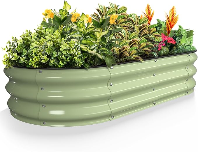Kesfitt Raised Garden Bed, 4x2x1 FT Galvanized Steel Metal Raised Garden Bed, Oval Open-Bottom Design, 12-Inch Deep for Outdoor Vegetable & Herb Gardening, Fruit Green