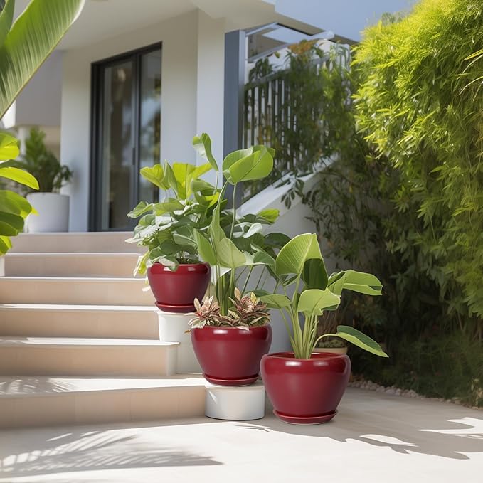 Ceramic Pots for Plants - 10 Inch 8 Inch 6 Inch Plant Pots with Drainage Holes and Saucers Large Planters for Indoor Plants Decorative Outdoor Flower Pots Set of 3 Red