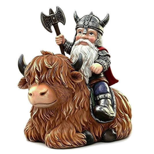 sangeren Viking Warrior Gnome Riding Highland Cow Statue, Resin Home Decor