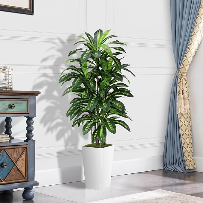 Artificial Dracaena Plant Indoor 5FT - Fake Tree with White Tall Planter - Faux Yucca Tall Fake Floor Plant in Pot - Artificial Trees for Home Office Living Room Decor Indoor