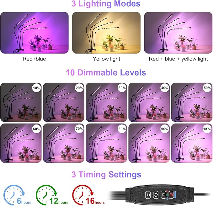 Indoor Plant Grow Light, 80 LED Black 4-Tube Lamp with Full Spectrum Red/Blue/Yellow, 6/12/16H Timer, 10-Level Dimmable, Flexible Gooseneck, 3 Spectral Modes