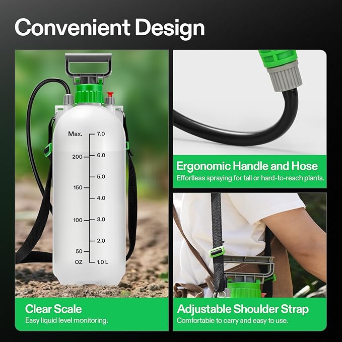 VIVOSUN 1.8 Gal/7L Pump Sprayer, Garden Water Sprayer for Plants, Weeds & Lawn Care, with 3 Nozzles, 50'' Long Hose & Pressure Relief Valve